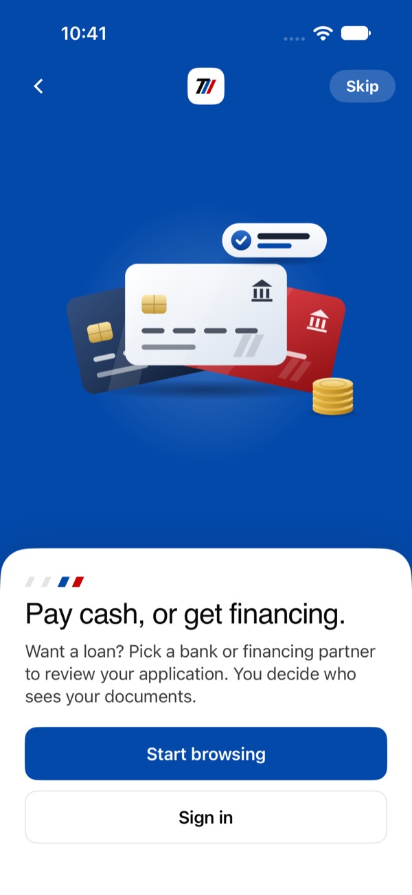 Financing screen offering bank and partner options