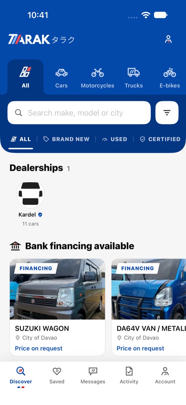 Discover screen listing vehicles from verified dealerships