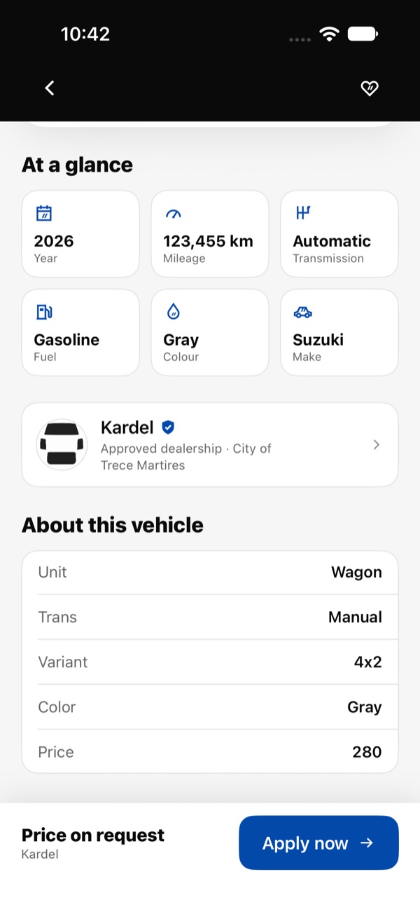 Listing details screen with a vehicle's specifications